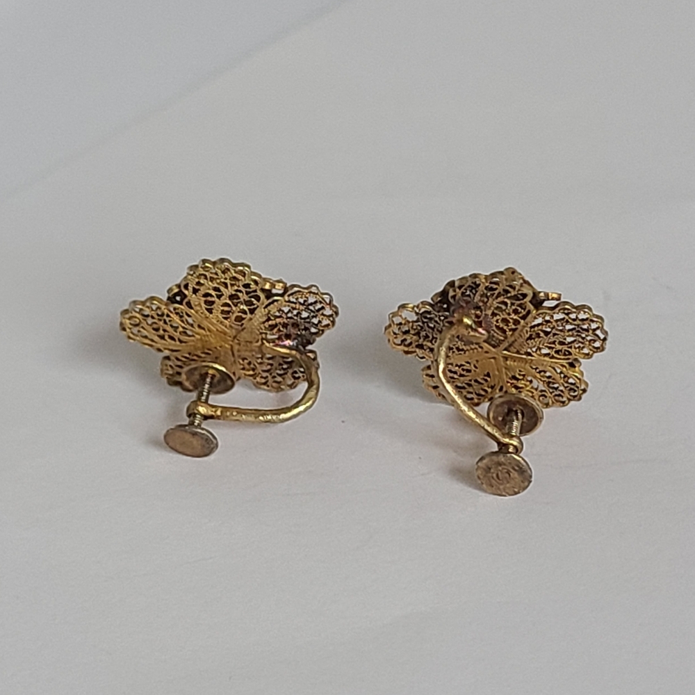 Vintage Chunky Filigree Flower Gold Sterling Silver Stud Screw Back Earrings - Picture 4 of 6